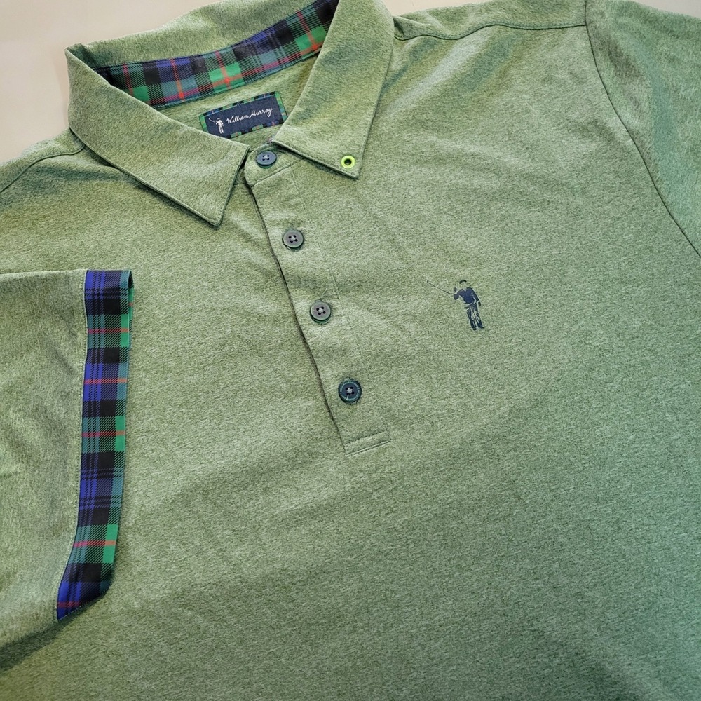 William Murray Golf Mens Large Sage Green Heathered Plaid Trim Performance‎ Polo